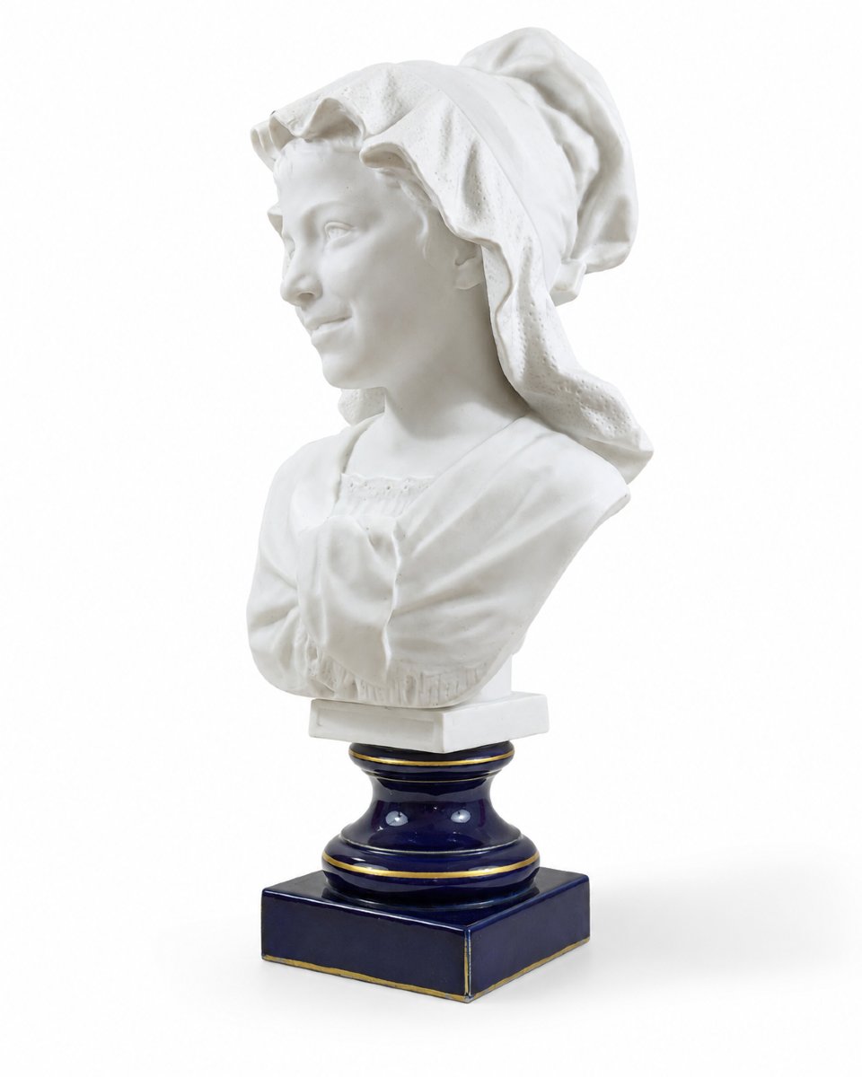 Ernesto Troili  Large Bust Of A Young Girl Wearing A Bonnet – Sèvres Blue Biscuit Porcelain-photo-2