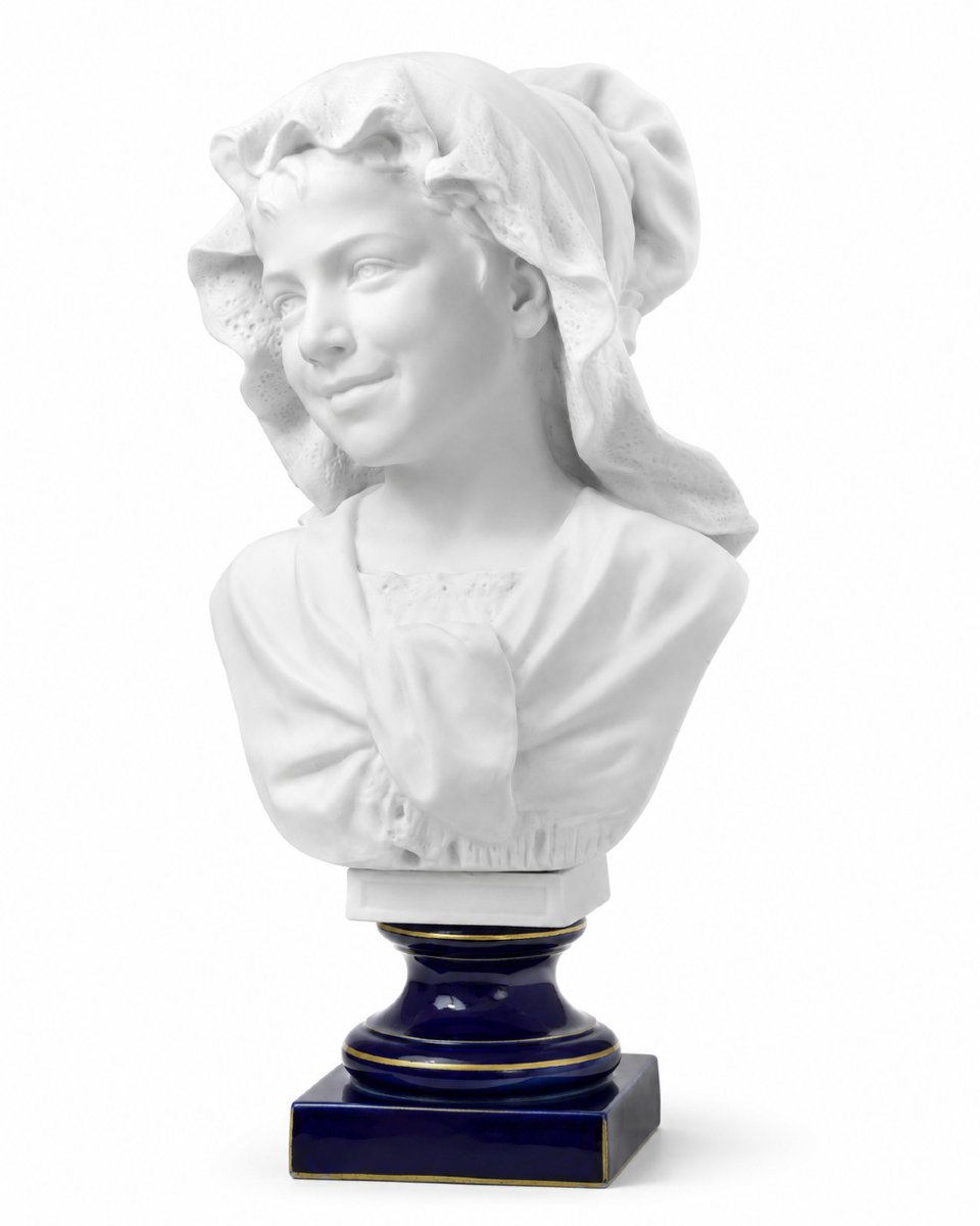 Ernesto Troili  Large Bust Of A Young Girl Wearing A Bonnet – Sèvres Blue Biscuit Porcelain-photo-3