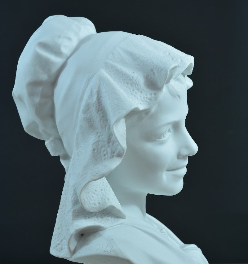 Ernesto Troili  Large Bust Of A Young Girl Wearing A Bonnet – Sèvres Blue Biscuit Porcelain-photo-5