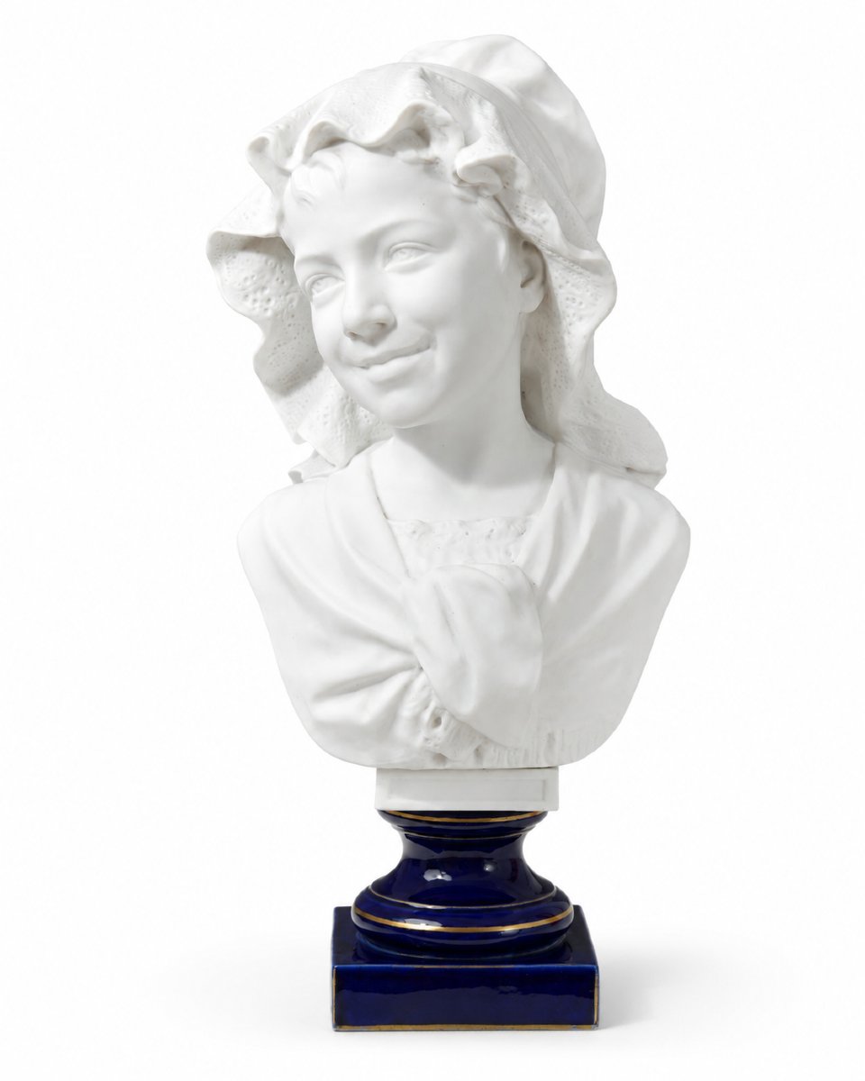 Ernesto Troili  Large Bust Of A Young Girl Wearing A Bonnet – Sèvres Blue Biscuit Porcelain