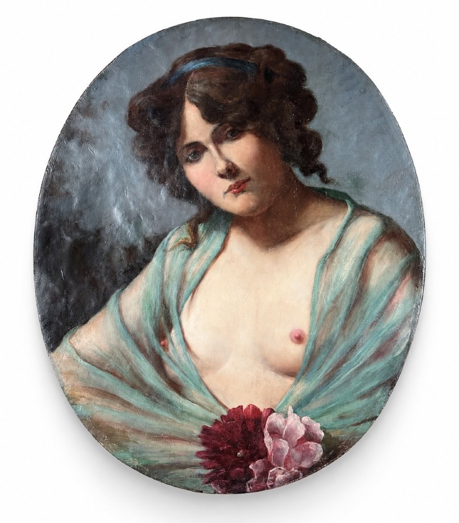 Libertine Painting: Nude Woman, Erotic Boudoir, Alcove, Eroticism, 19th Century, Oval