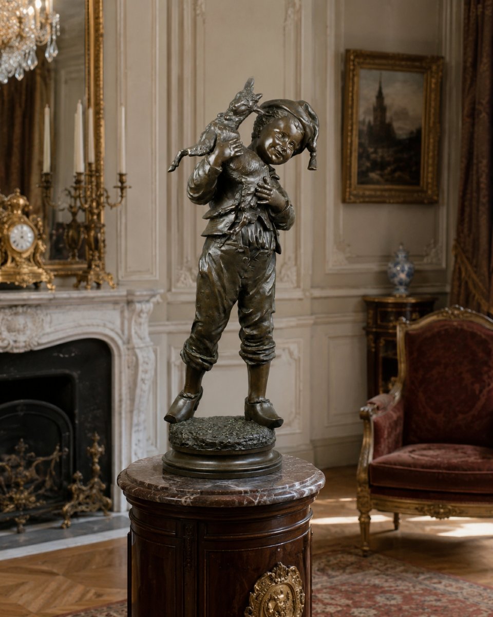  émile Laporte, Large Bronze Portrait Of A Young Shepherd And A Kid, An Allegory Of Youth, 101 Cm -photo-2
