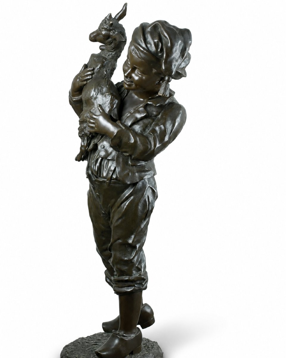  émile Laporte, Large Bronze Portrait Of A Young Shepherd And A Kid, An Allegory Of Youth, 101 Cm -photo-1