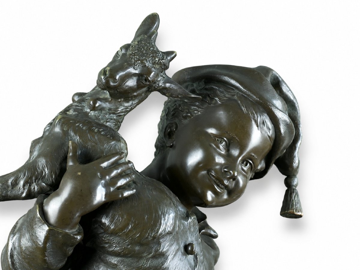  émile Laporte, Large Bronze Portrait Of A Young Shepherd And A Kid, An Allegory Of Youth, 101 Cm -photo-2