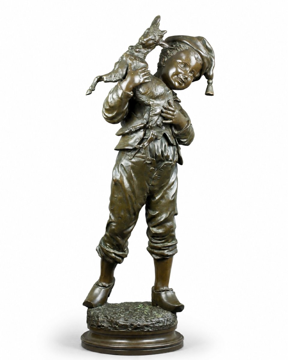  émile Laporte, Large Bronze Portrait Of A Young Shepherd And A Kid, An Allegory Of Youth, 101 Cm 