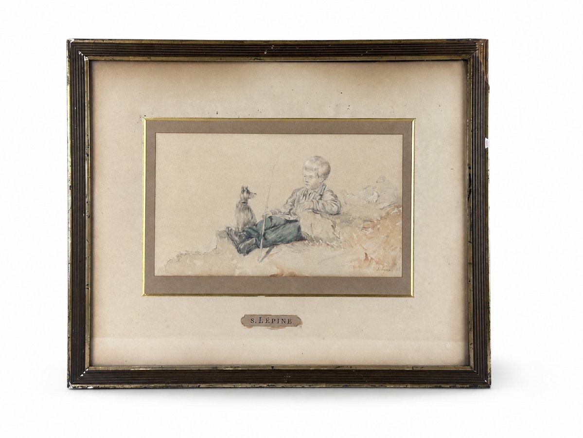 Stanislas Lépine  dessin portrait Jeune pâtre Berger chien bovins paysage 19e-photo-4