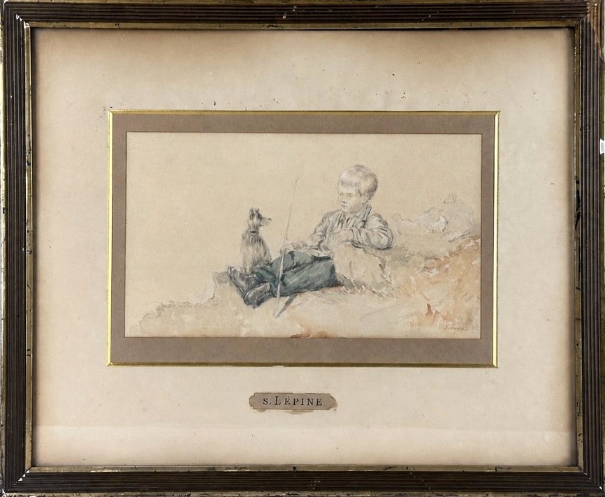 Stanislas Lépine  dessin portrait Jeune pâtre Berger chien bovins paysage 19e