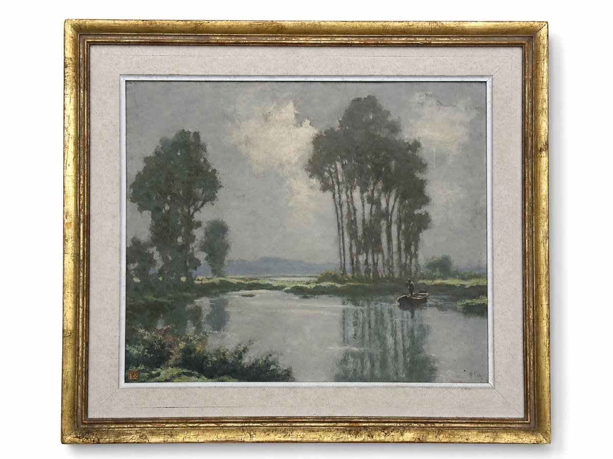 Hippolyte Léty  Lively Landscape  The Boatman, River, Mist, River, Poplar, Sky-photo-2