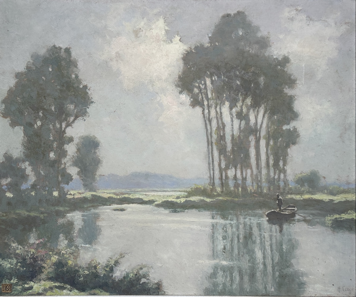 Hippolyte Léty  Lively Landscape  The Boatman, River, Mist, River, Poplar, Sky-photo-3