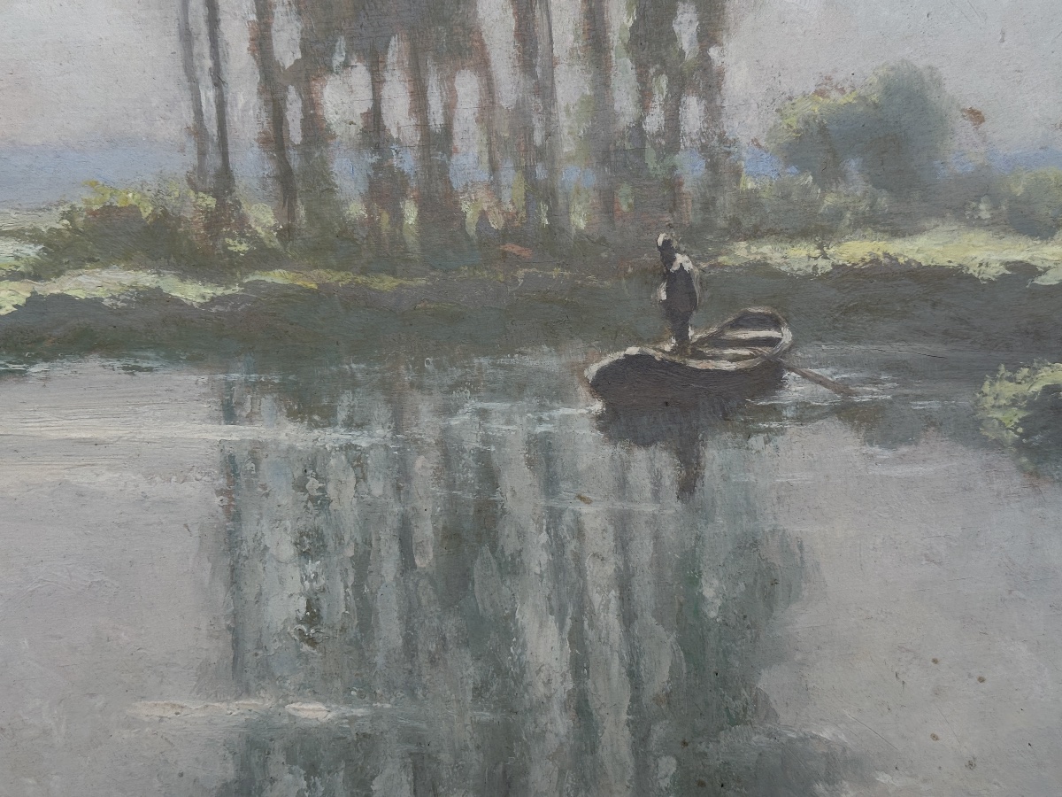 Hippolyte Léty  Lively Landscape  The Boatman, River, Mist, River, Poplar, Sky-photo-4
