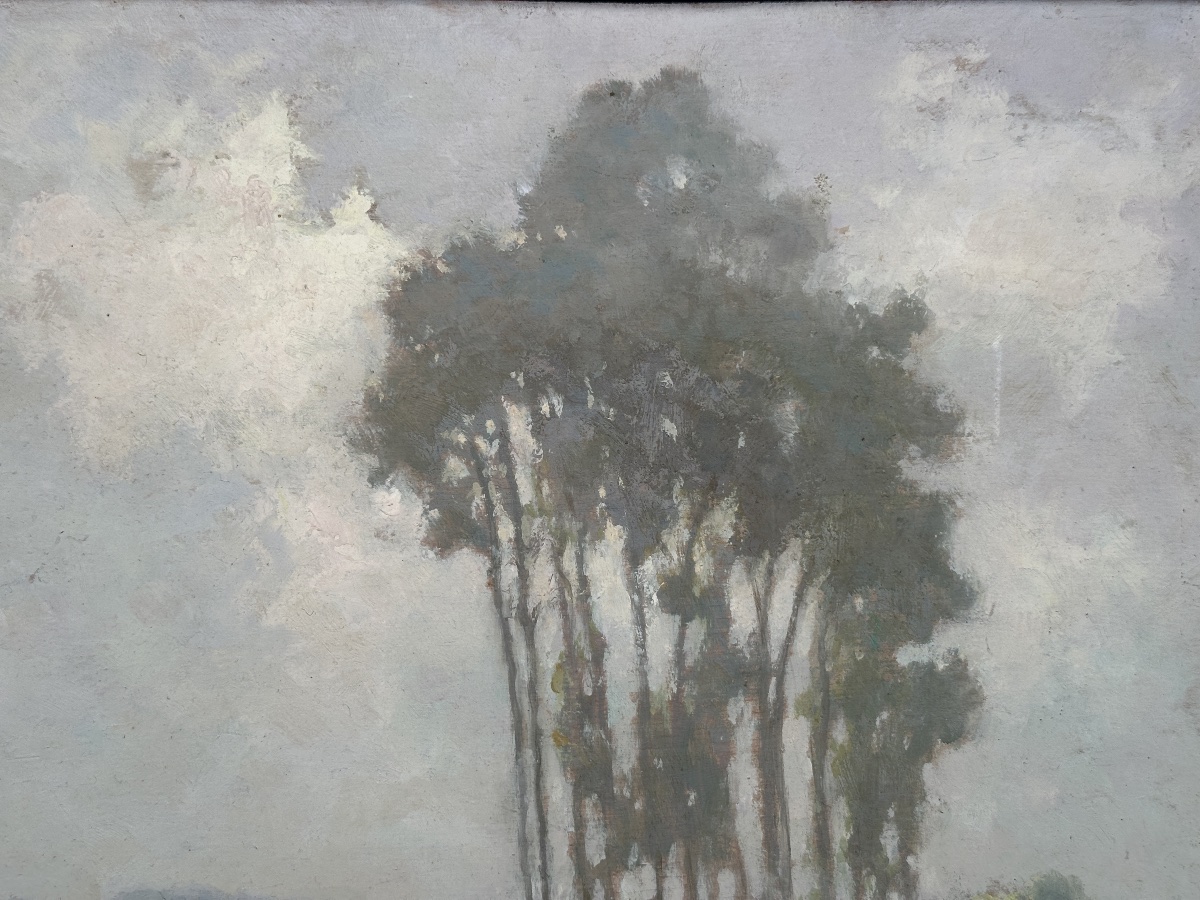 Hippolyte Léty  Lively Landscape  The Boatman, River, Mist, River, Poplar, Sky-photo-5