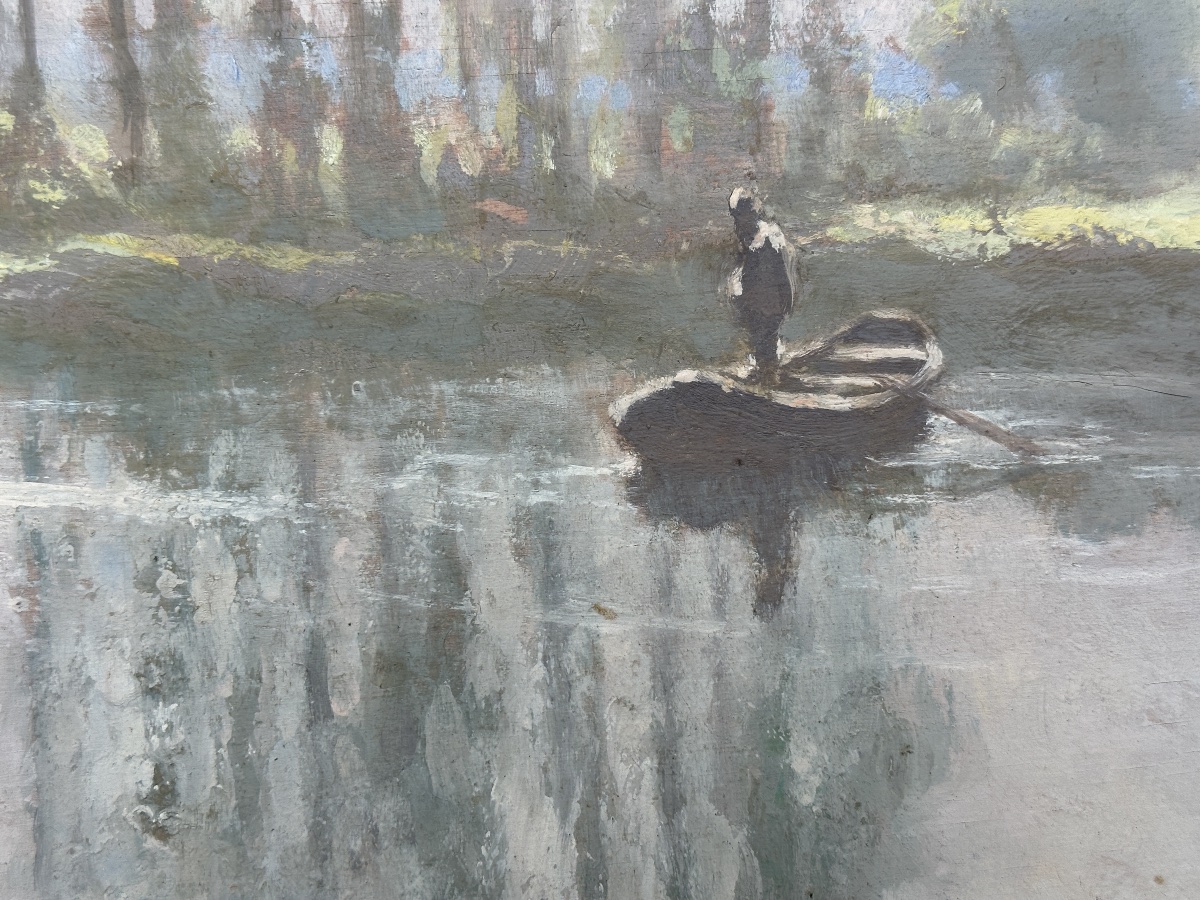 Hippolyte Léty  Lively Landscape  The Boatman, River, Mist, River, Poplar, Sky-photo-6