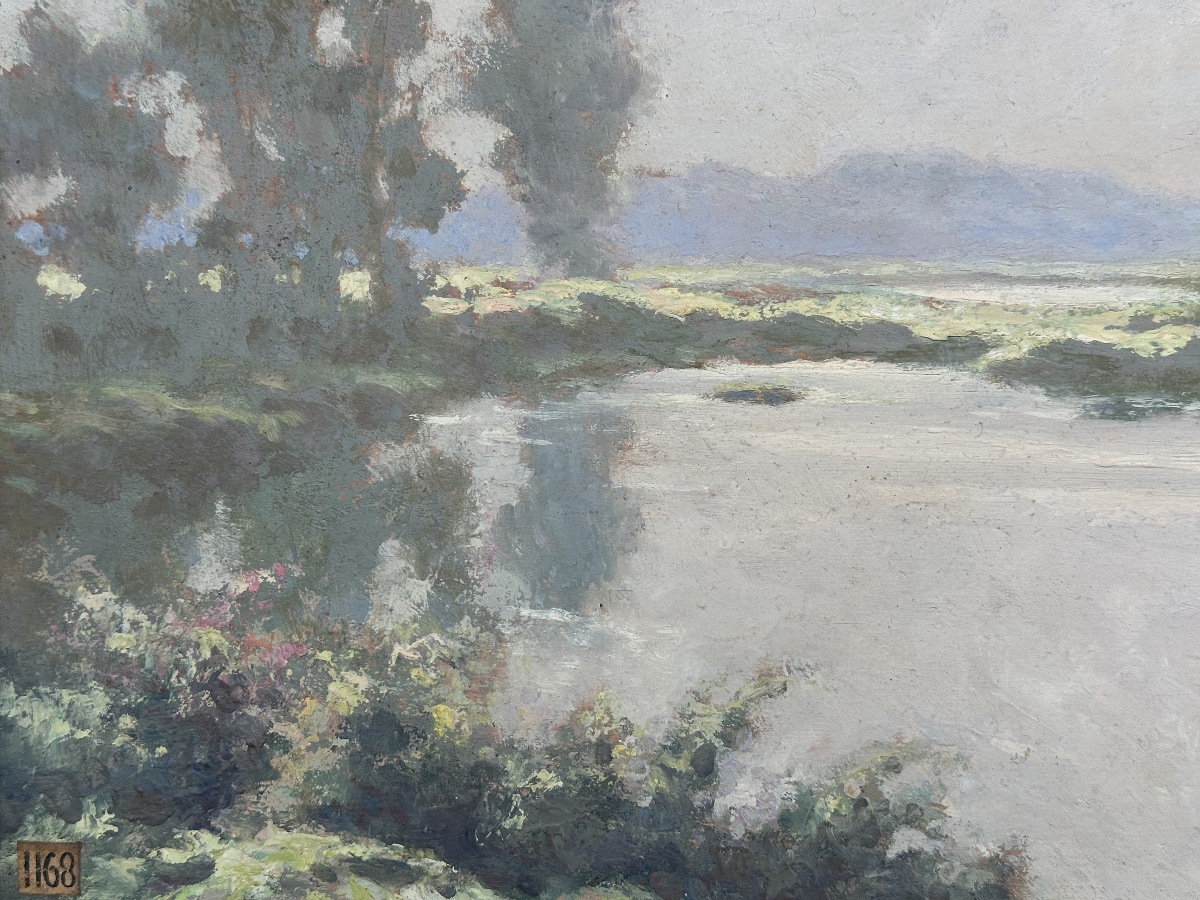 Hippolyte Léty  Lively Landscape  The Boatman, River, Mist, River, Poplar, Sky-photo-7