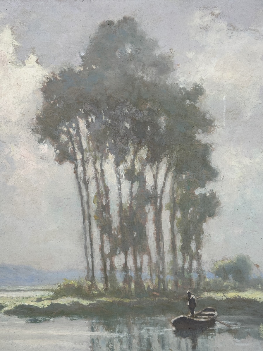 Hippolyte Léty  Lively Landscape  The Boatman, River, Mist, River, Poplar, Sky-photo-1