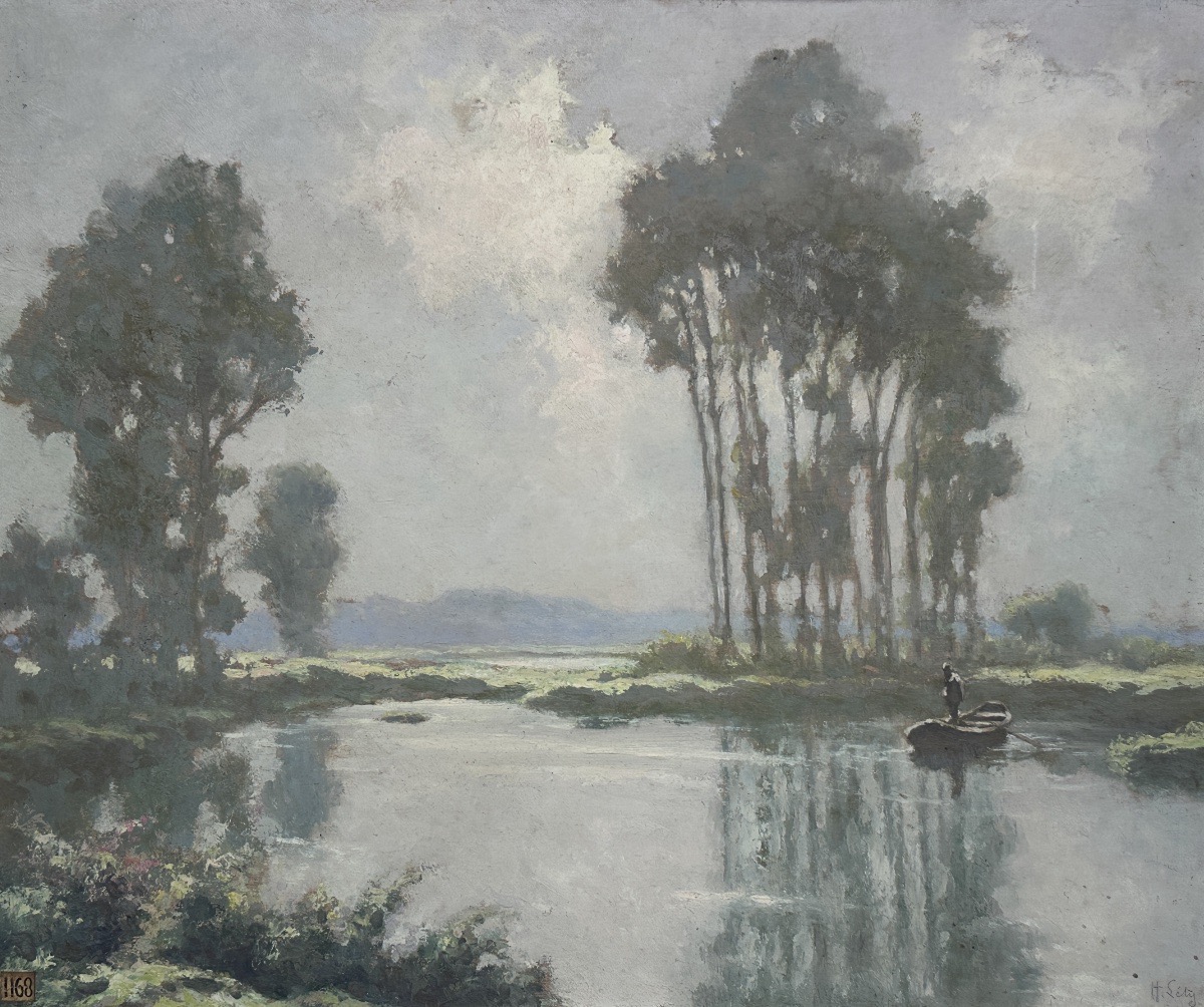 Hippolyte Léty  Lively Landscape  The Boatman, River, Mist, River, Poplar, Sky