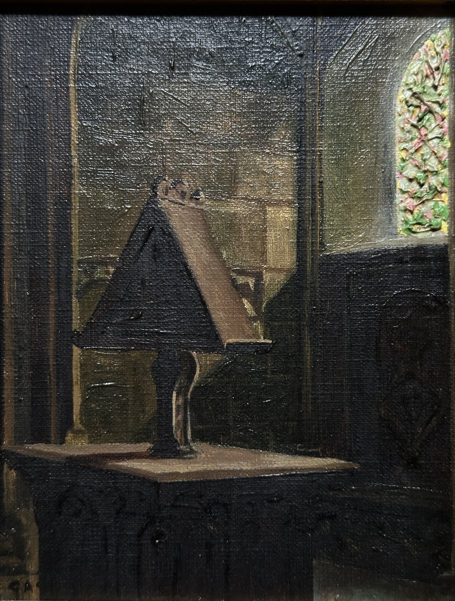 Gaston Delpard Tableau Intérieur église vitrail Vitraux lutrin art déco Chartres-photo-3