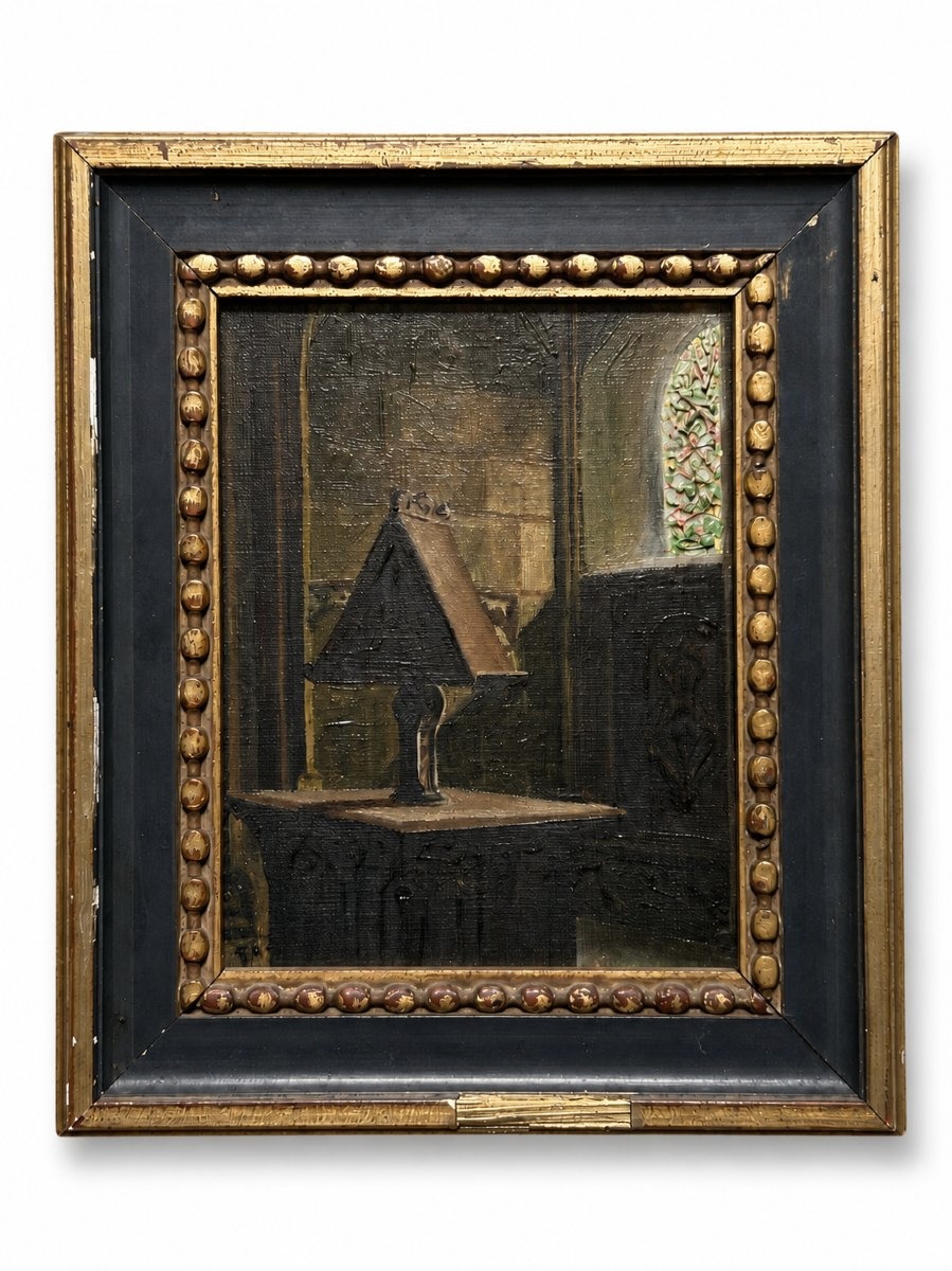 Gaston Delpard Tableau Intérieur église vitrail Vitraux lutrin art déco Chartres-photo-3