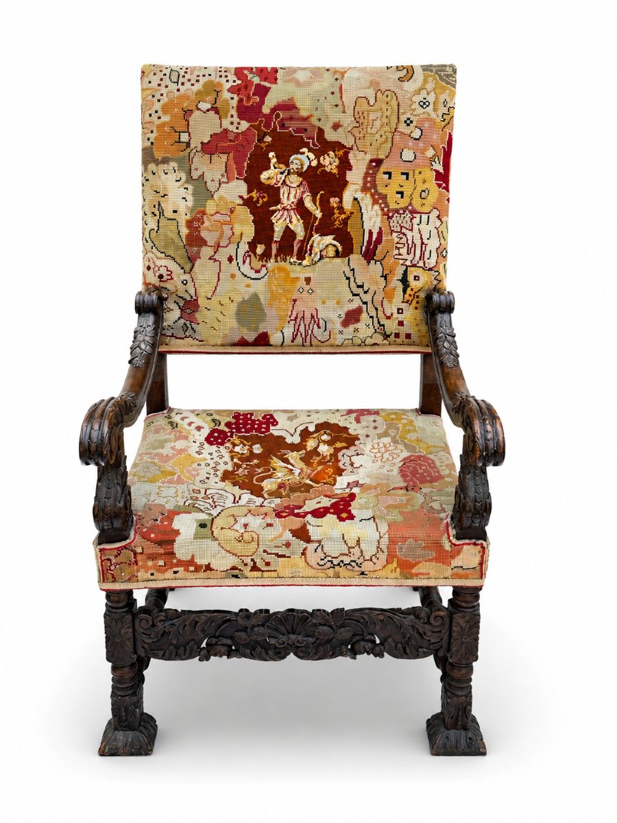 Large Ceremonial Armchair With Flat Back, Renaissance Style, Carved Wood, Dragon Motif, 19th-century Upholstery-photo-2