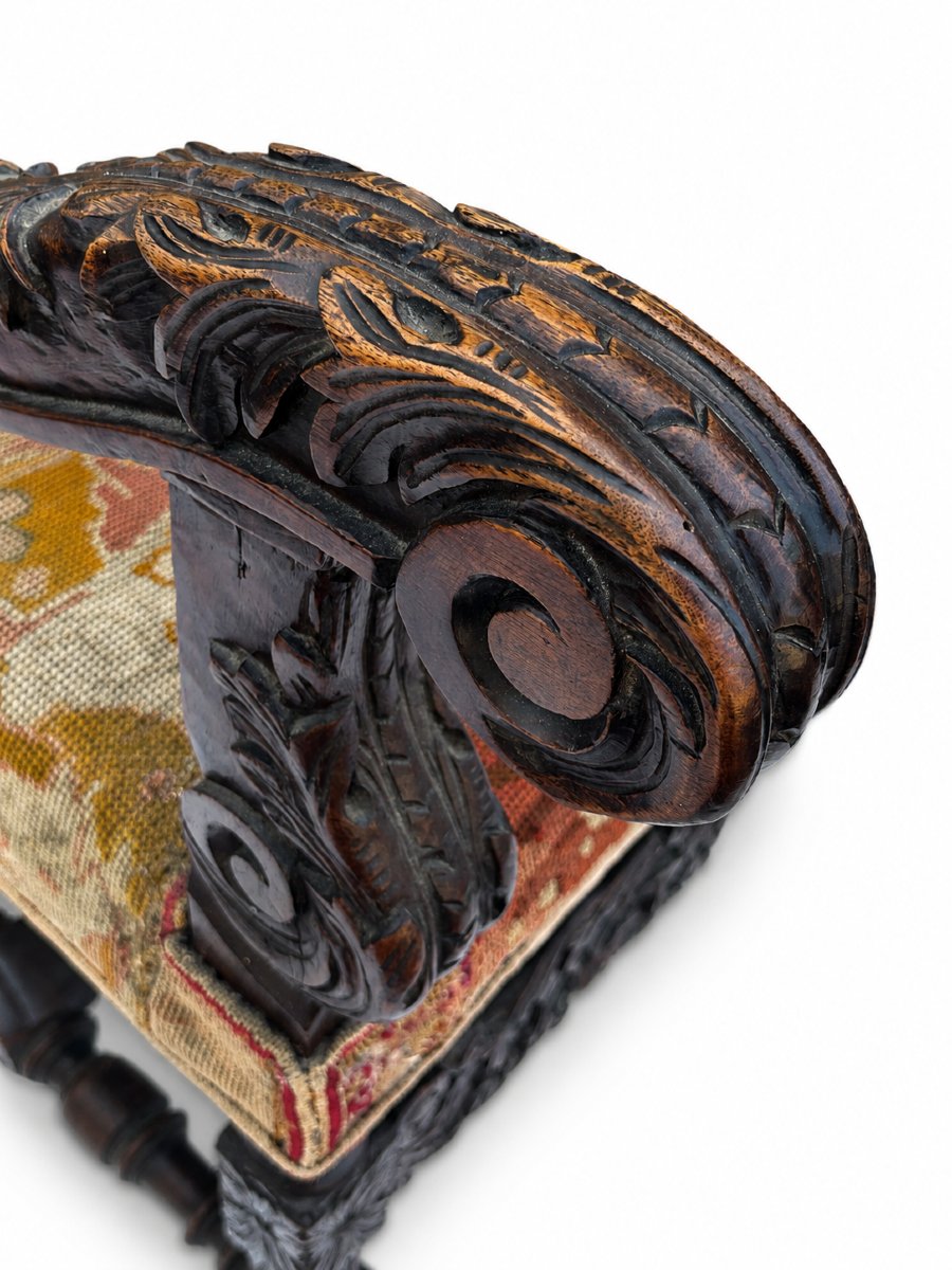Large Ceremonial Armchair With Flat Back, Renaissance Style, Carved Wood, Dragon Motif, 19th-century Upholstery-photo-3