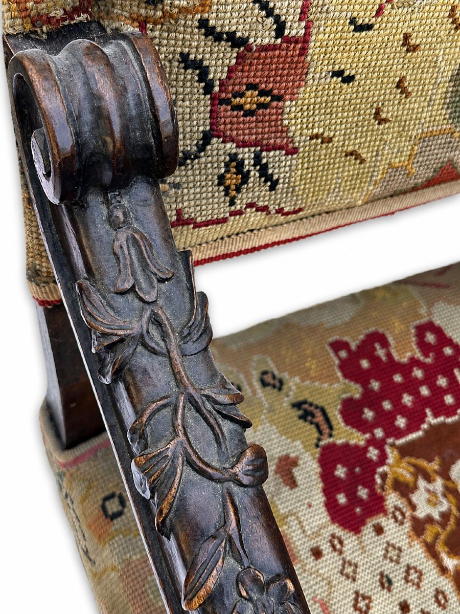 Large Ceremonial Armchair With Flat Back, Renaissance Style, Carved Wood, Dragon Motif, 19th-century Upholstery-photo-4