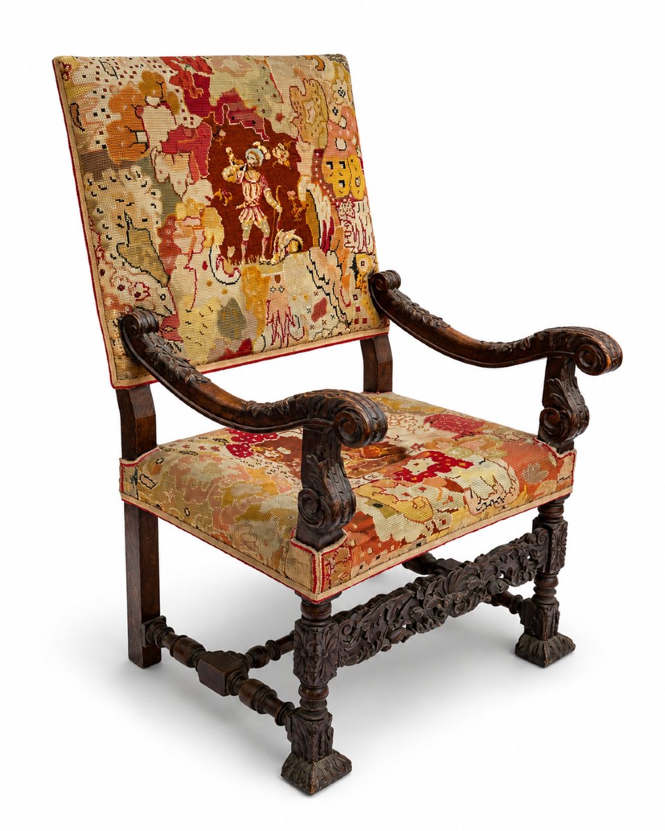 Large Ceremonial Armchair With Flat Back, Renaissance Style, Carved Wood, Dragon Motif, 19th-century Upholstery