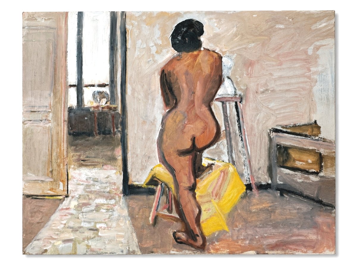 Tableau  portrait femme nue Dos modèle dans l'atelier du peintre   sculpteur érotisme 1950