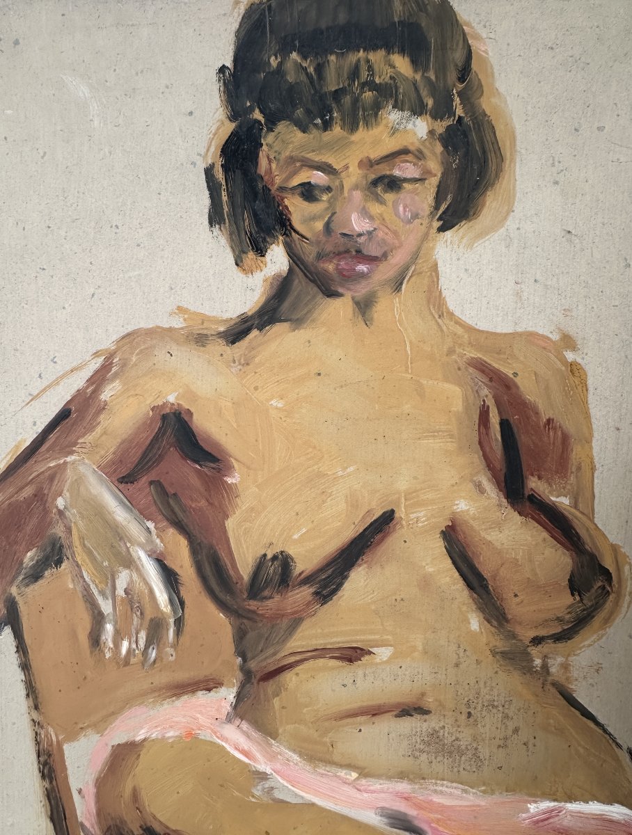 Tableau  portrait femme nue assis modèle dans l' atelier du peintre  sculpteur érotisme 20ème -photo-2