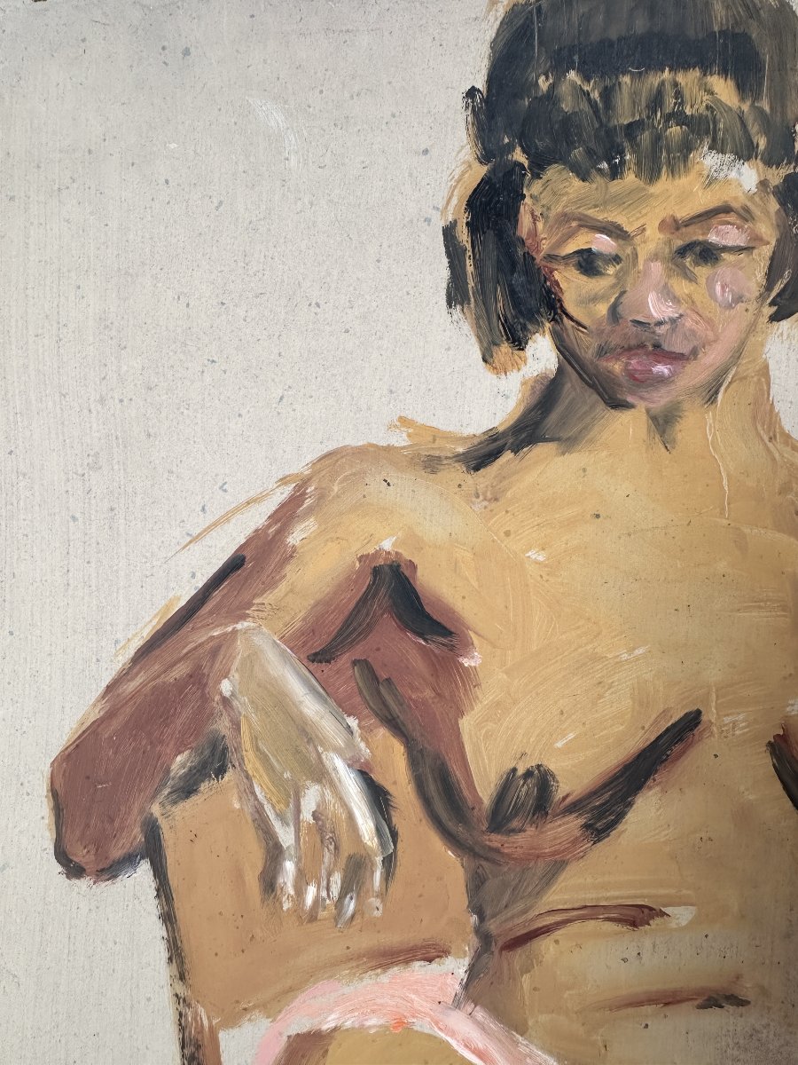 Tableau  portrait femme nue assis modèle dans l' atelier du peintre  sculpteur érotisme 20ème -photo-3