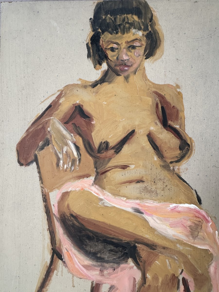 Tableau  portrait femme nue assis modèle dans l' atelier du peintre  sculpteur érotisme 20ème -photo-4