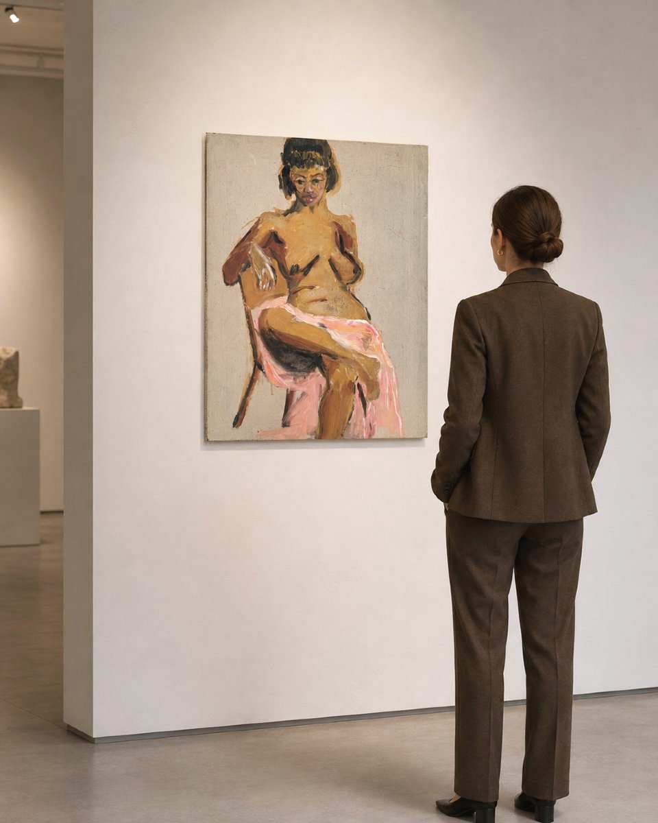 Tableau  portrait femme nue assis modèle dans l' atelier du peintre  sculpteur érotisme 20ème -photo-2