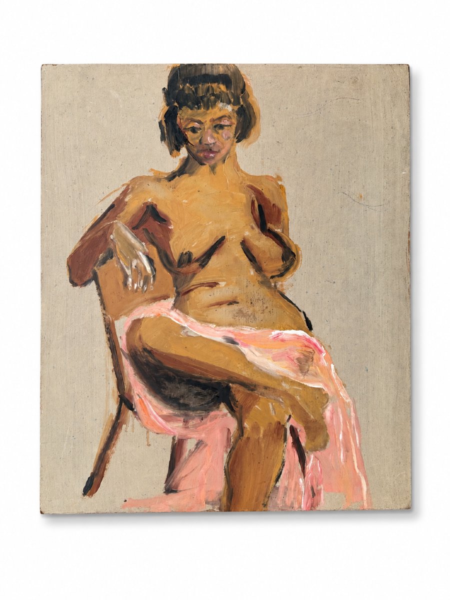 Tableau  portrait femme nue assis modèle dans l' atelier du peintre  sculpteur érotisme 20ème 