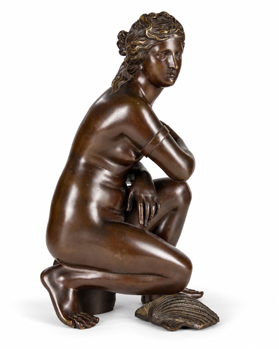 Antique Neoclassical Bronze Portrait Of A Nude Woman, "modest Venus" With Two Shells, By Coysevox, 19th Century