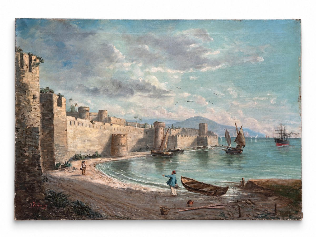 Joseph  Trogher Tableau  paysage ottoman vue du Levant Saint Jean d'acre Palestine Lyon 