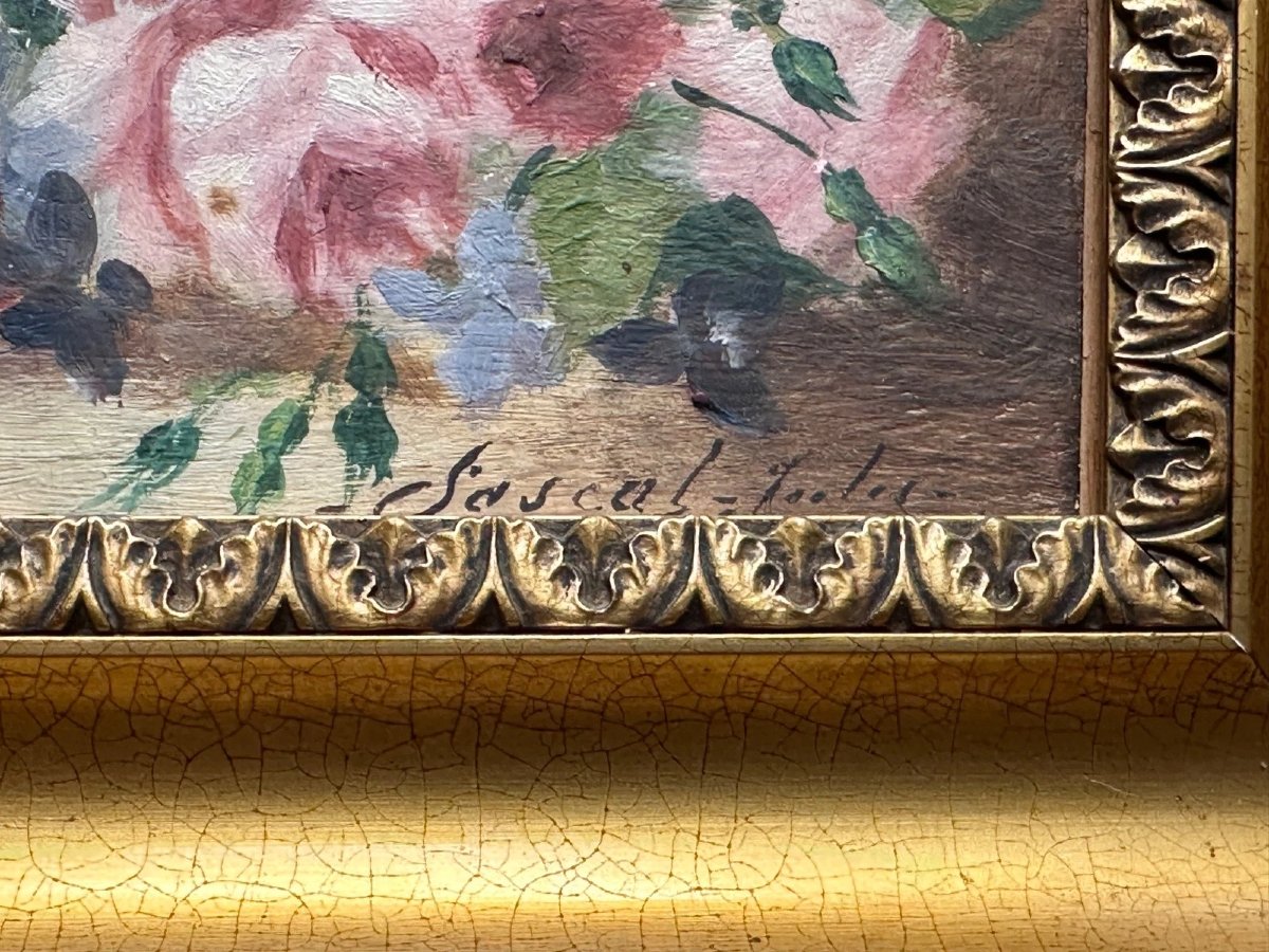 Jules Georges Pascal Tableau ravissant bouquet de fleurs Violettes Roses panier osier 19e-photo-3