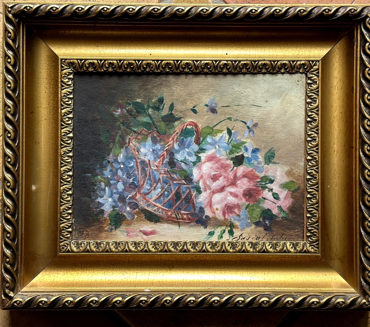 Jules Georges Pascal Tableau ravissant bouquet de fleurs Violettes Roses panier osier 19e