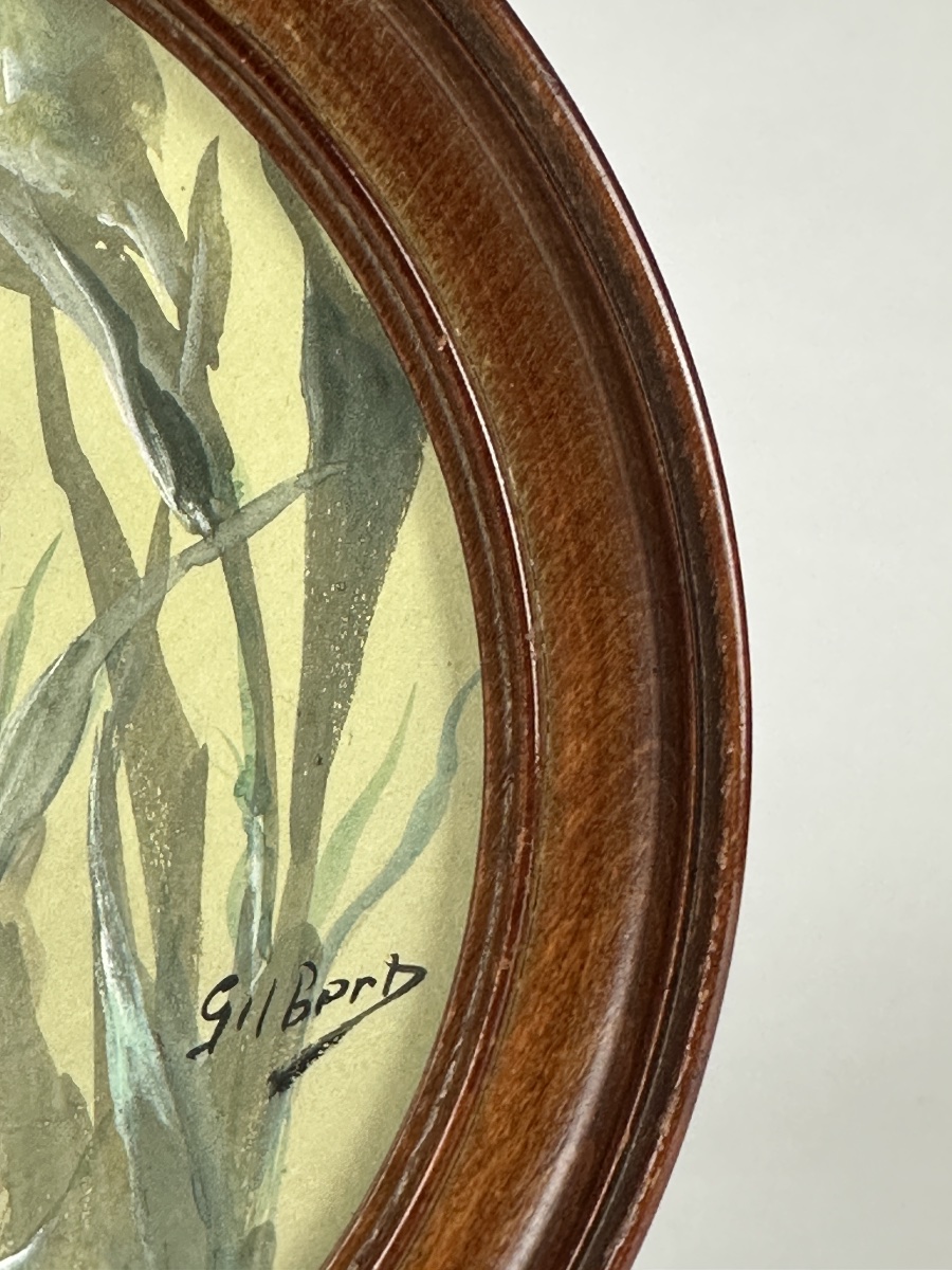 Victor Gilbert Art Nouveau Painting: Bouquet Of Iris Flowers, Still Life, Round Medallion -photo-2