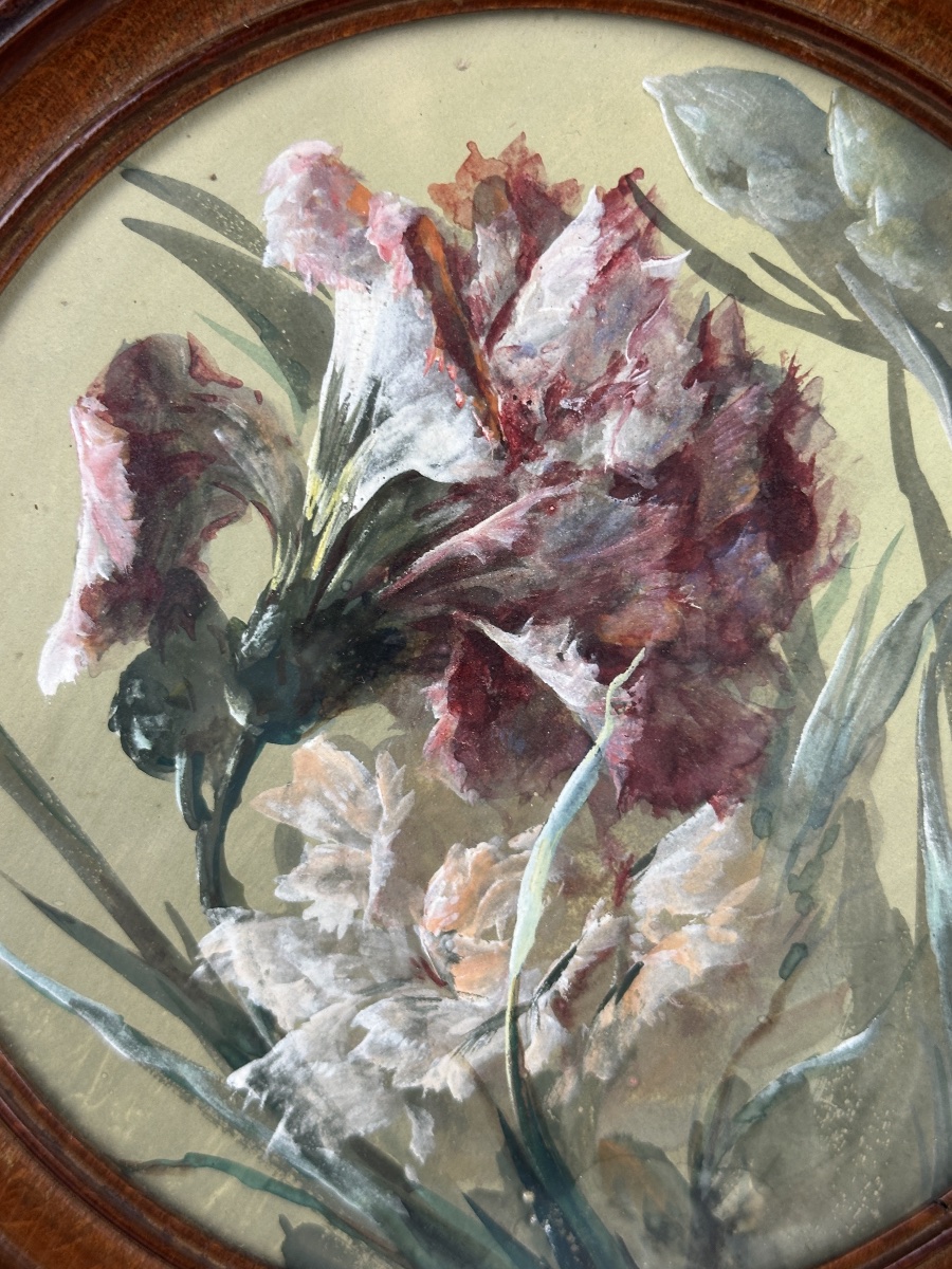 Victor Gilbert Art Nouveau Painting: Bouquet Of Iris Flowers, Still Life, Round Medallion -photo-1