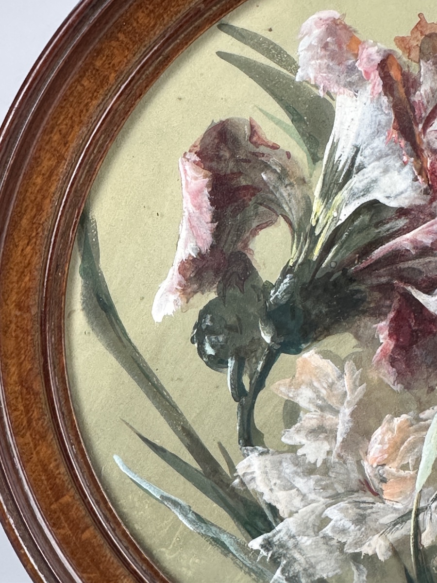Victor Gilbert Art Nouveau Painting: Bouquet Of Iris Flowers, Still Life, Round Medallion -photo-2