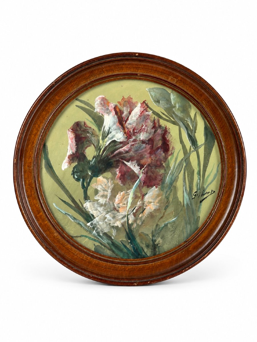 Victor Gilbert Art Nouveau Painting: Bouquet Of Iris Flowers, Still Life, Round Medallion 