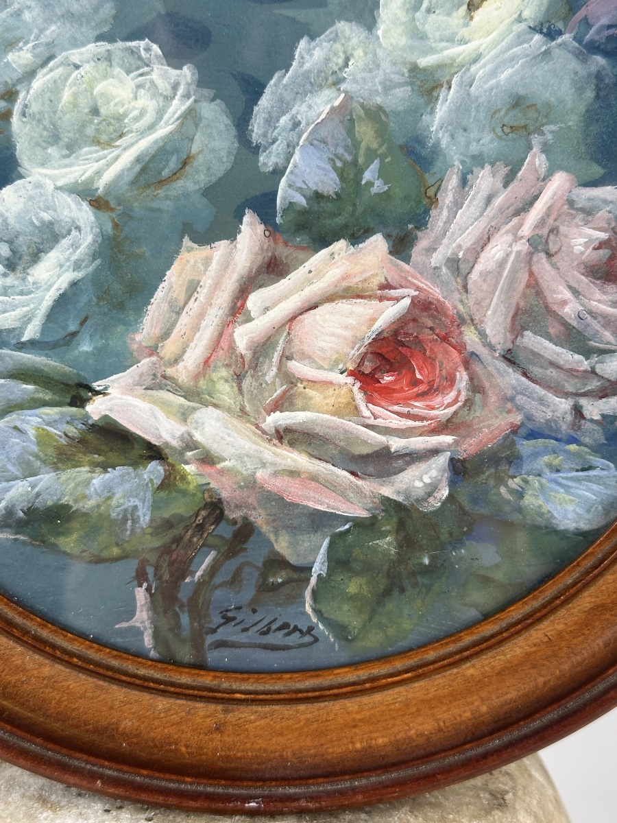  Gouache Painting: Bouquet Of Roses In An Art Nouveau Roundel-photo-2