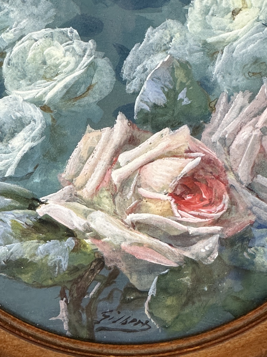  Gouache Painting: Bouquet Of Roses In An Art Nouveau Roundel-photo-3