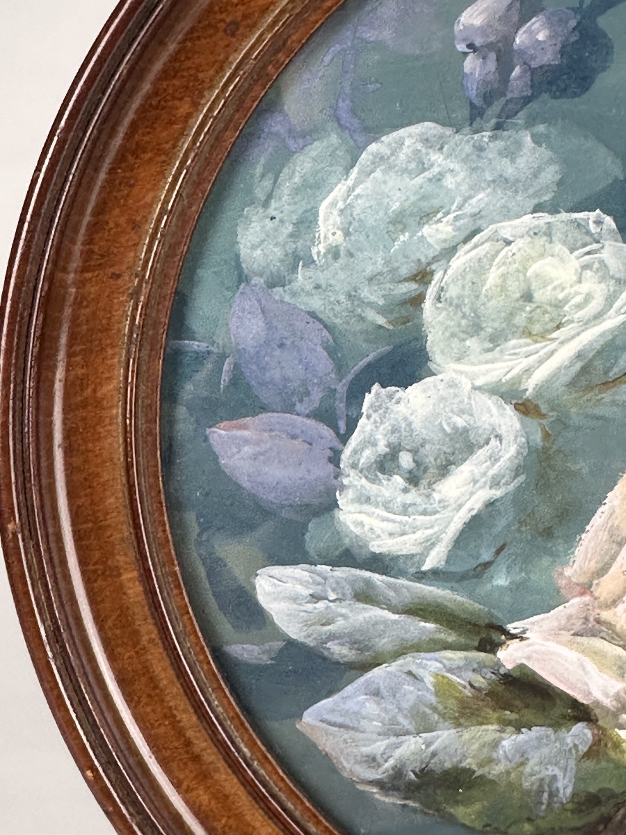  Gouache Painting: Bouquet Of Roses In An Art Nouveau Roundel-photo-4
