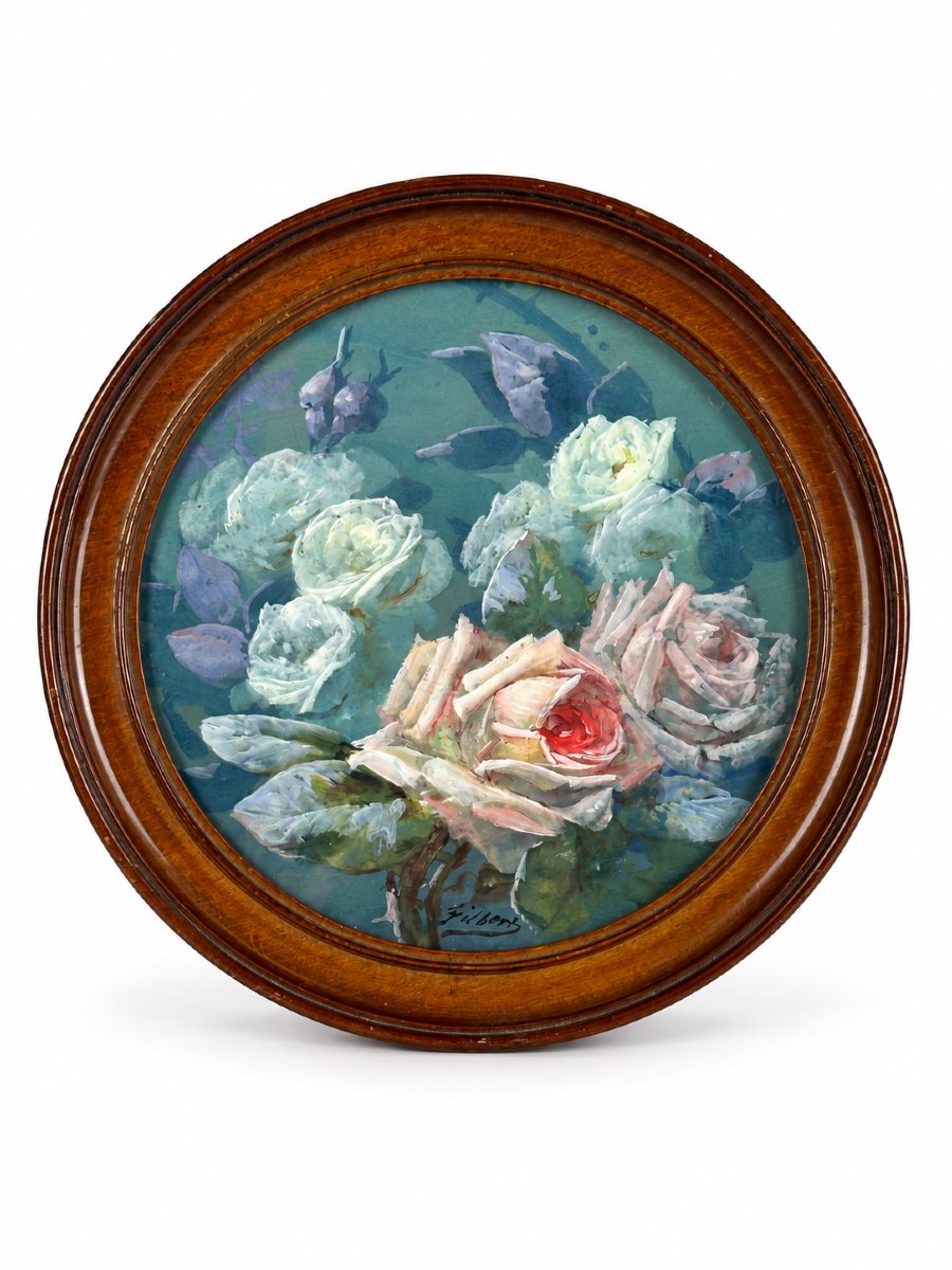  Gouache Painting: Bouquet Of Roses In An Art Nouveau Roundel