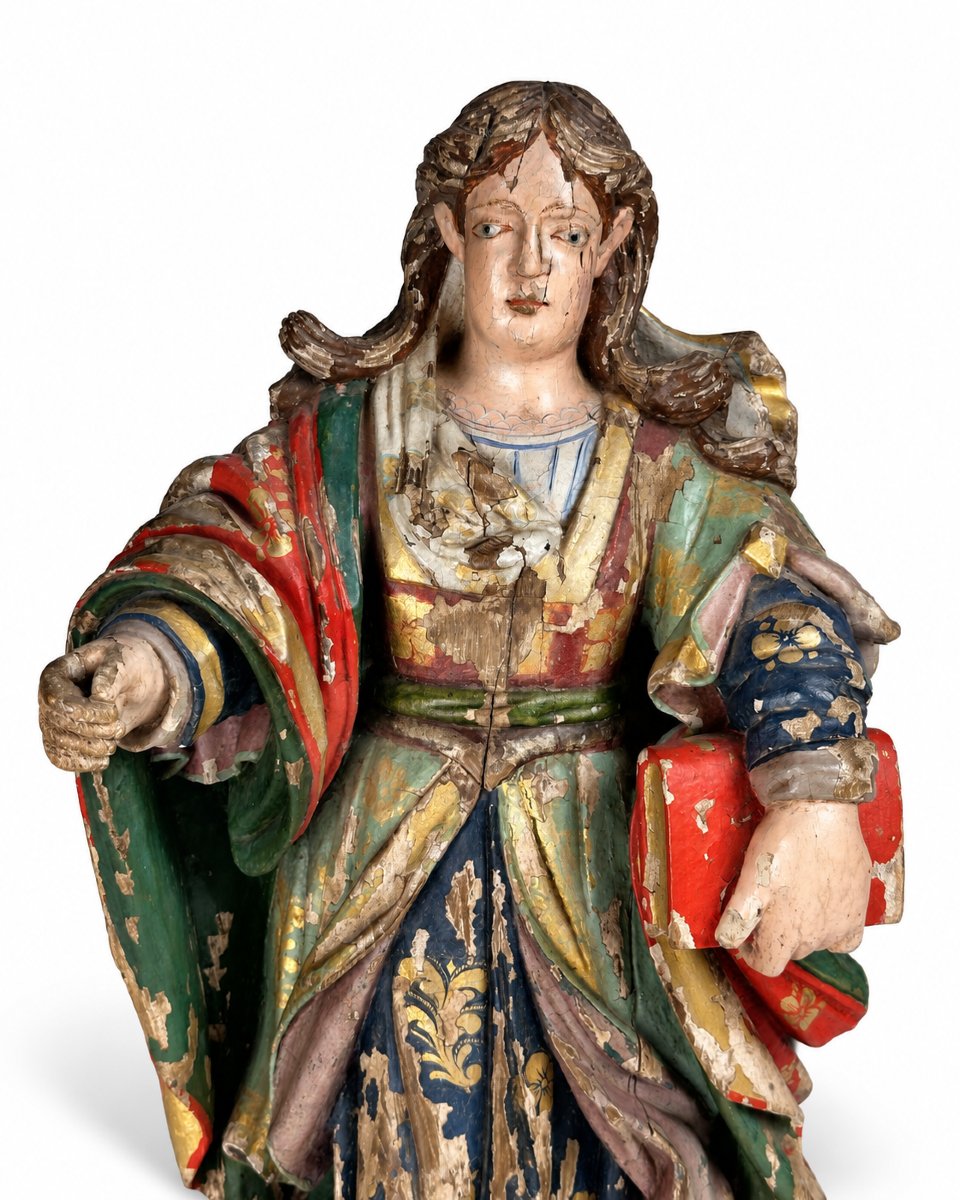 Large 18th-century Colonial Baroque Sculpture Depicting Saint South America, Carved Gilded Wood-photo-2