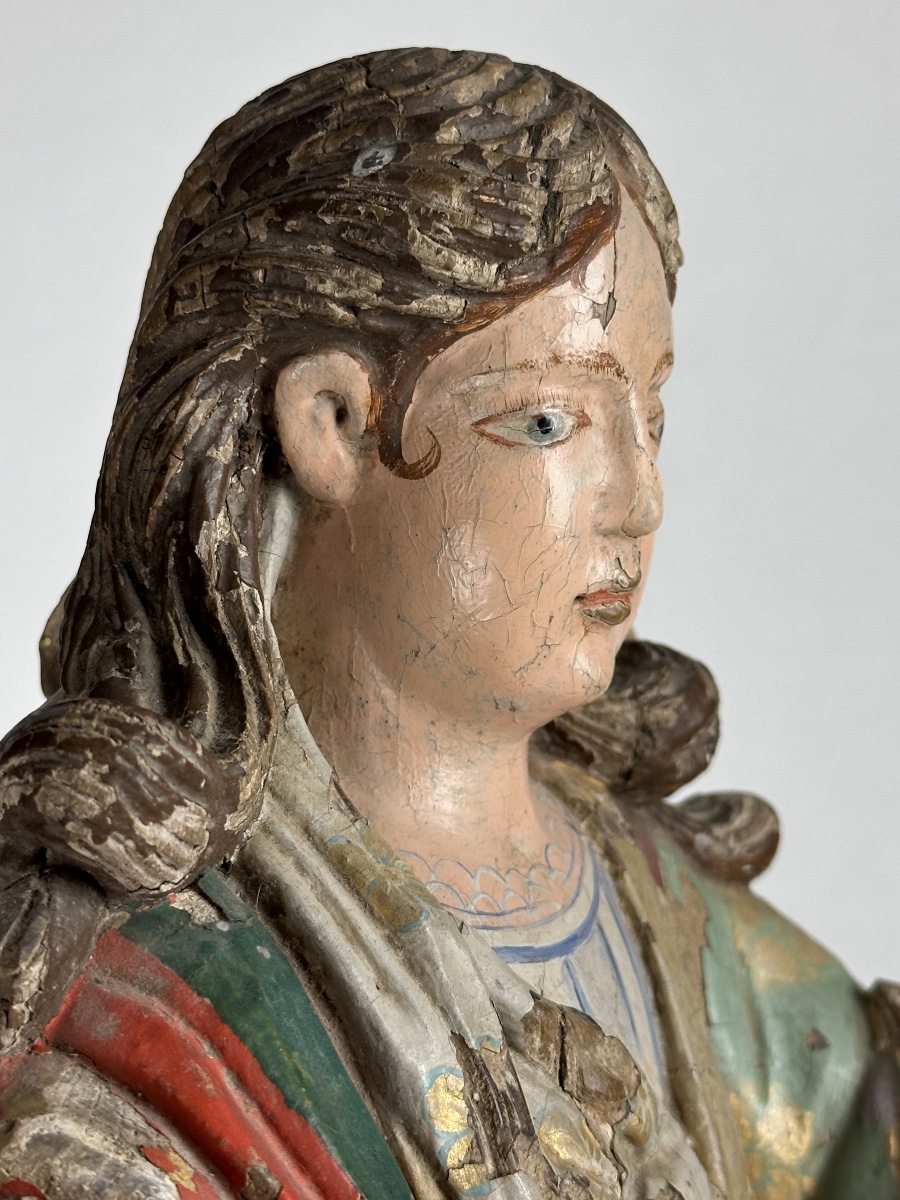 Large 18th-century Colonial Baroque Sculpture Depicting Saint South America, Carved Gilded Wood-photo-3