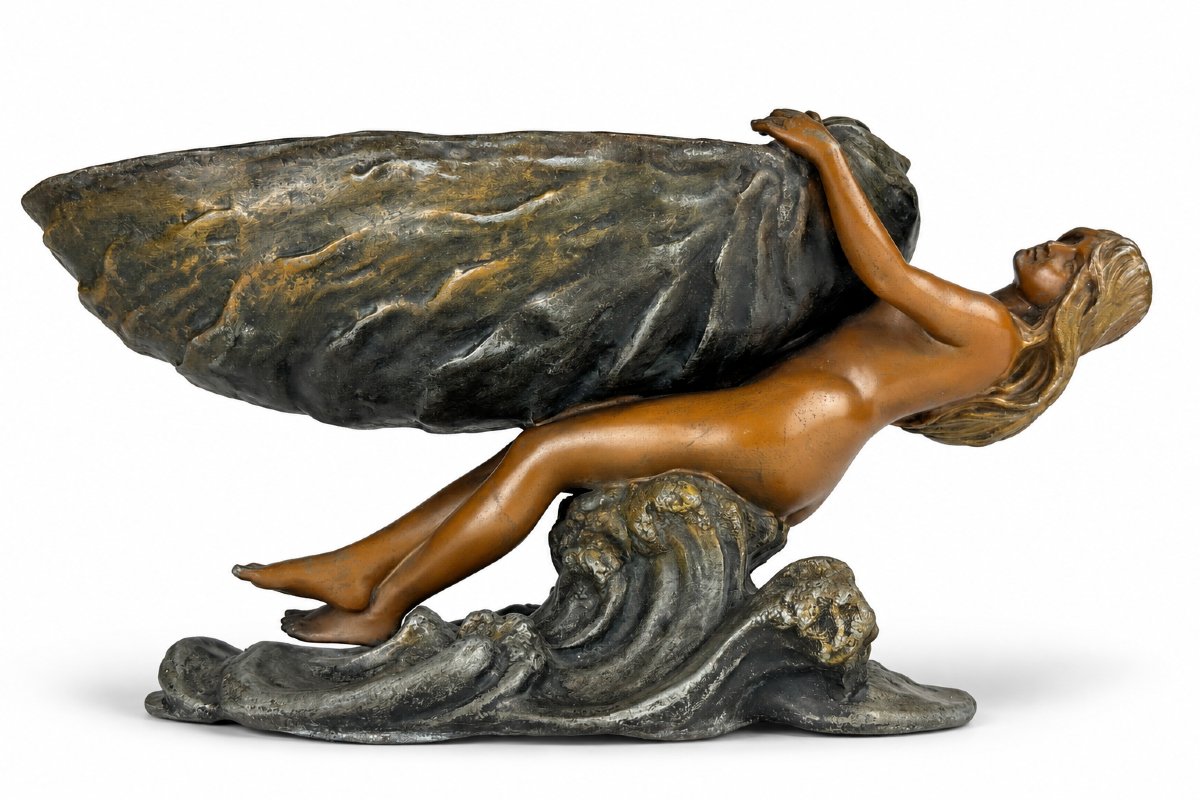 Henry Fugere  Art Nouveau-style Bronze Sculpture Of A Mermaid Holding A Shell, 36 Cm -photo-2