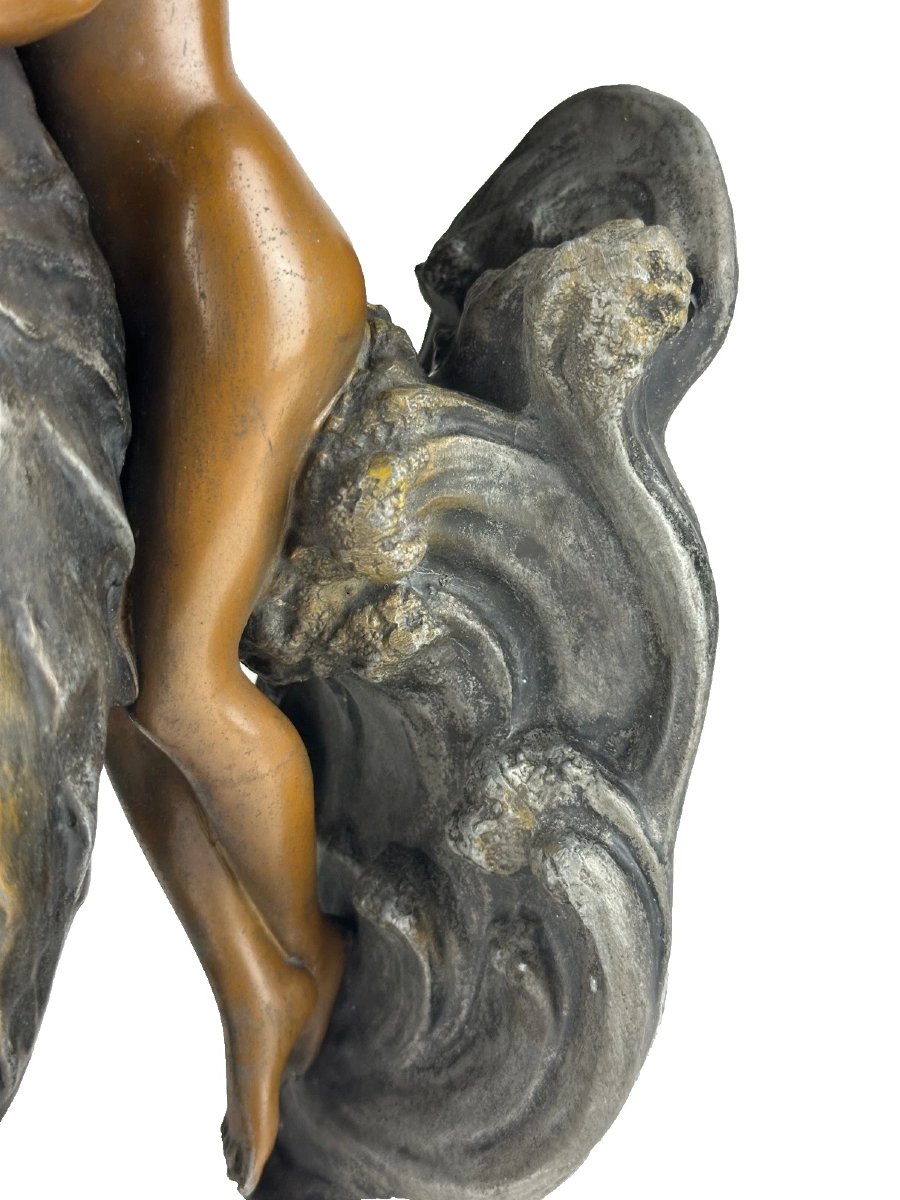 Henry Fugere  Art Nouveau-style Bronze Sculpture Of A Mermaid Holding A Shell, 36 Cm -photo-2