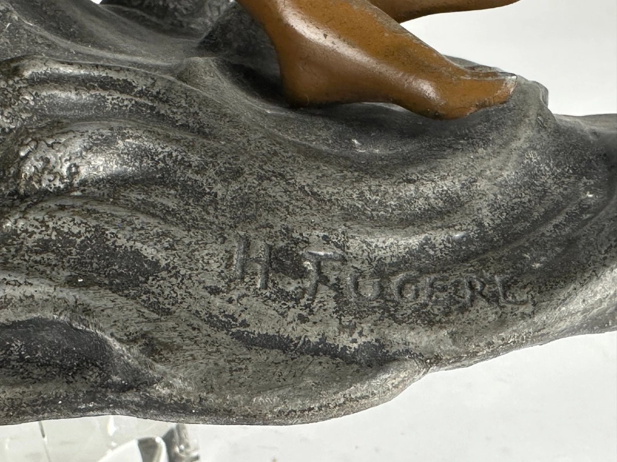 Henry Fugere  Art Nouveau-style Bronze Sculpture Of A Mermaid Holding A Shell, 36 Cm -photo-3