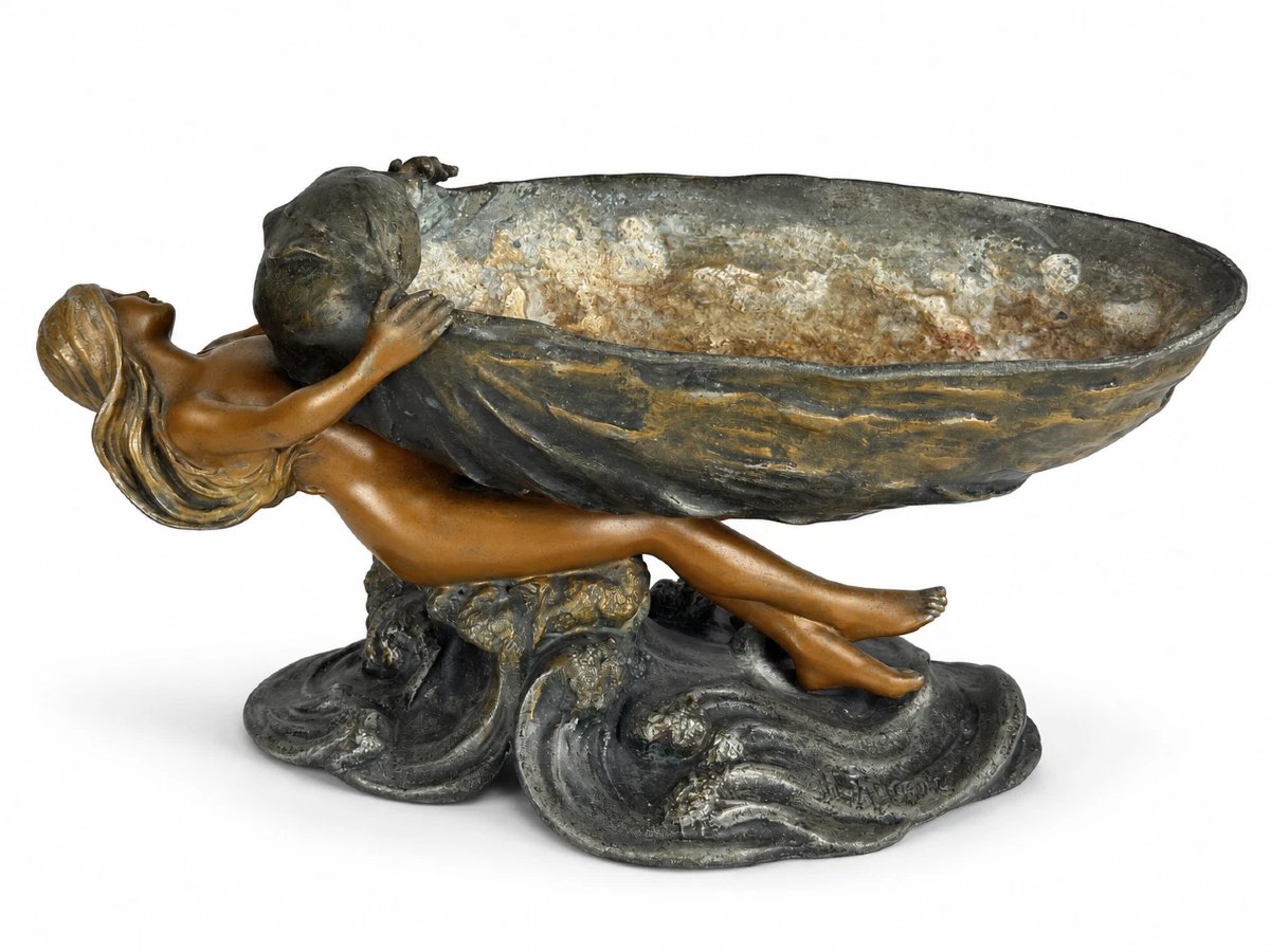 Henry Fugere  Art Nouveau-style Bronze Sculpture Of A Mermaid Holding A Shell, 36 Cm -photo-4