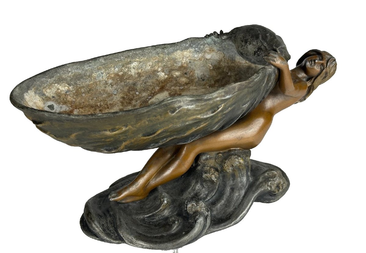 Henry Fugere  Art Nouveau-style Bronze Sculpture Of A Mermaid Holding A Shell, 36 Cm -photo-5